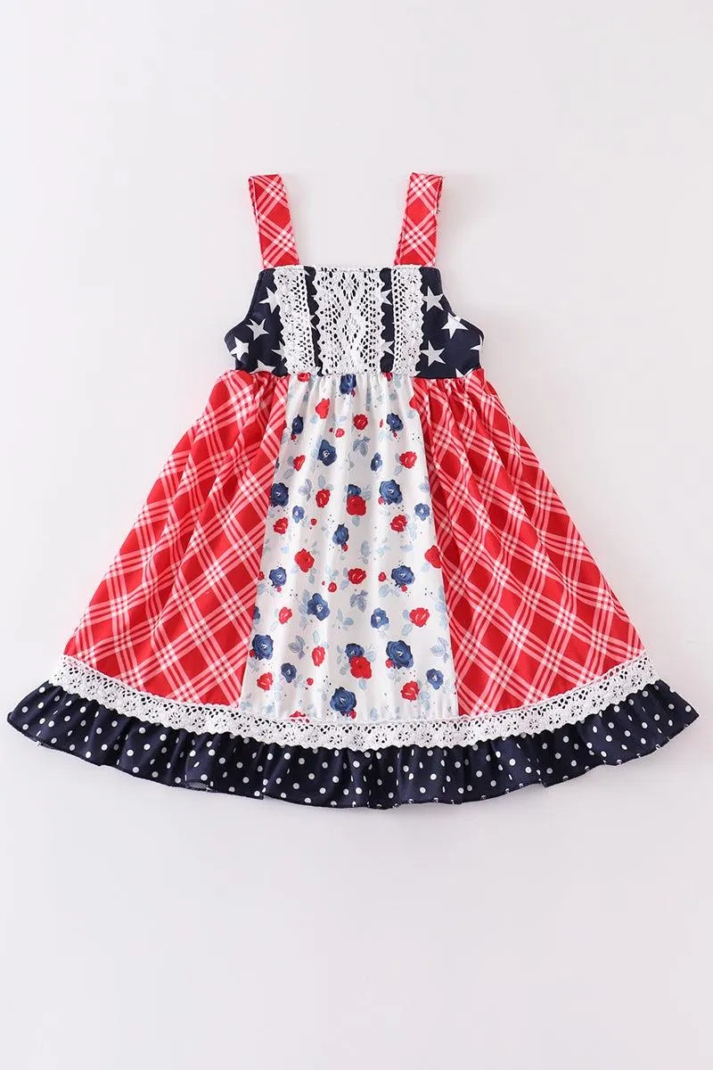 Abby & Evie Girl's Boutique Patriotic Floral Plaid Lace Smocked Dress 4th of July Sibling Matching