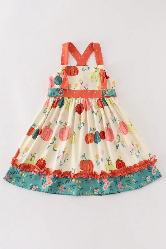 Cotton Castle Girl's Boutique Platinum Pumpkin Print Ruffle Apron Dress Autumn Thanksgiving