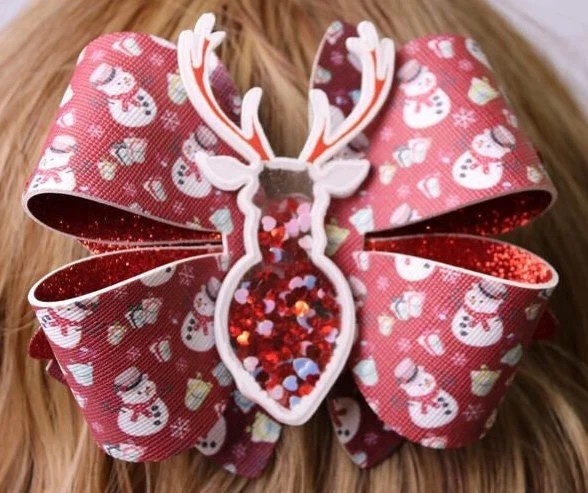 Red Christmas Snowman Reindeer Hair Bow Stacked Boutique Handmade