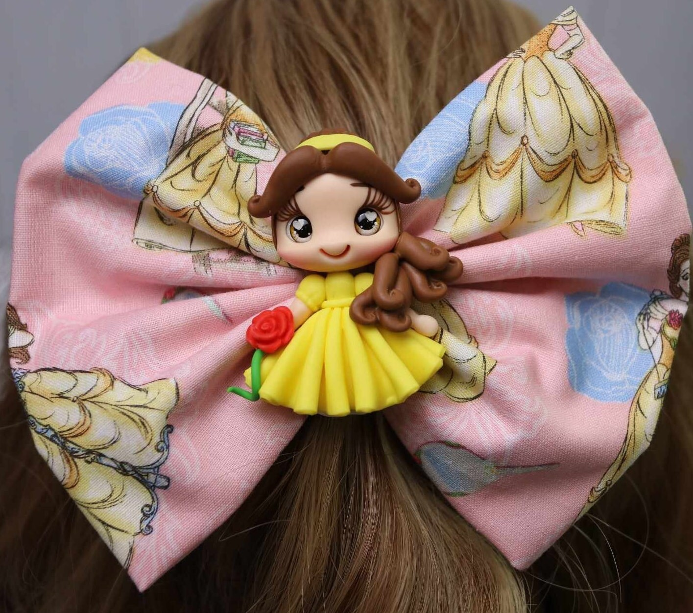 Pink And Yellow Princess Dress Clay Doll Fabric Hair Bow Stacked Handmade Boutique