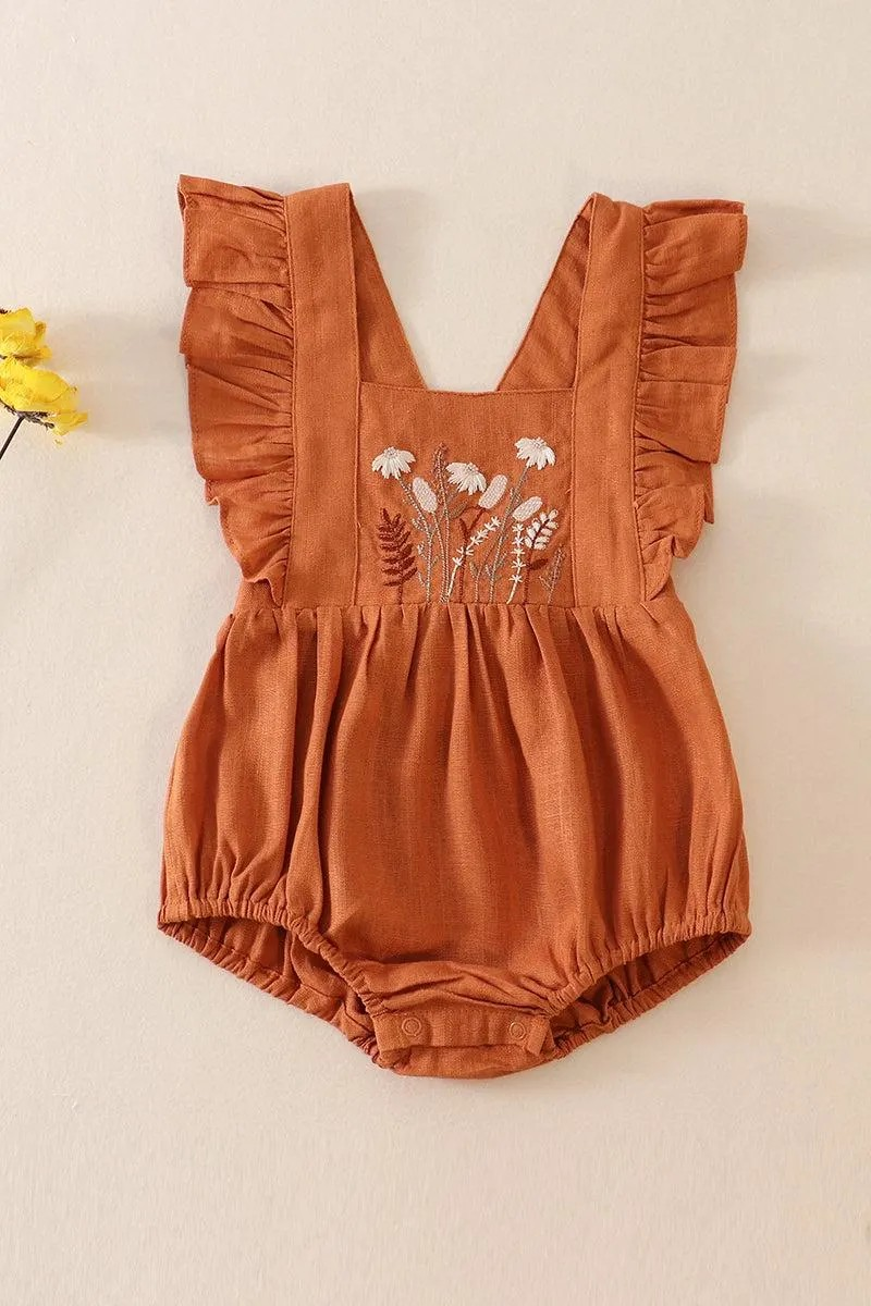 Petal & Pine Girl's Boutique Caramel Floral Embroidered Linen Ruffle Strap Bubble Button Romper Matching Sibling