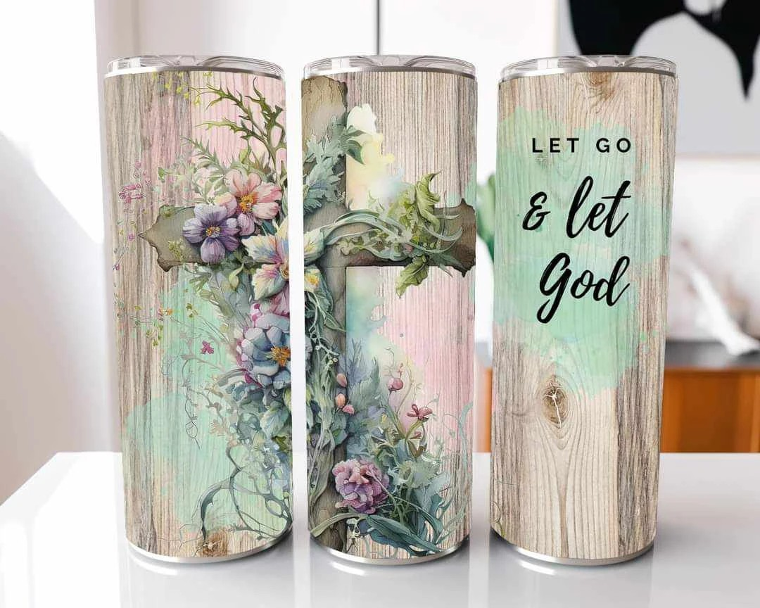 Green Beige Floral Wood Grain Cross Let Go And Let God Christian Stainless Steel Tumbler