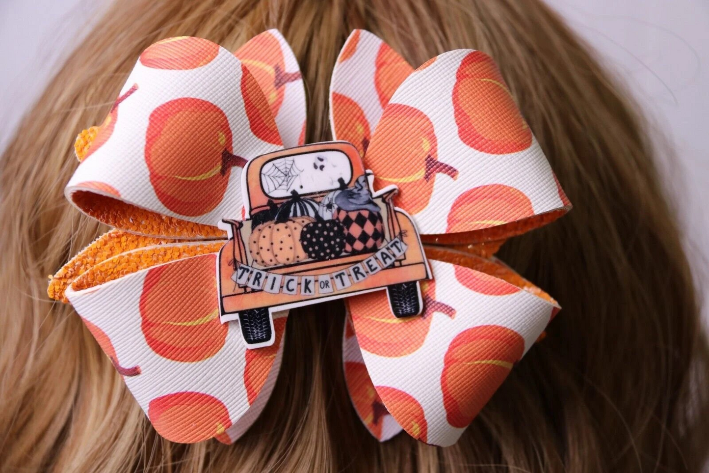 Orange Halloween Pumpkin Trick Or Treat Hair Bow Stacked Boutique Handmade