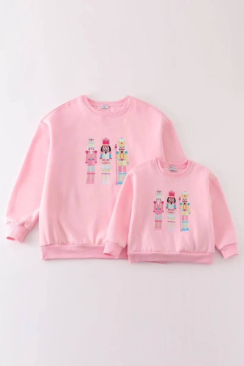 Abby & Evie Girl's Boutique Cotton Pink Christmas Nutcracker Fleece Embroidered Embroidery Sweater Sibling And Parent Matching Mommy And Me