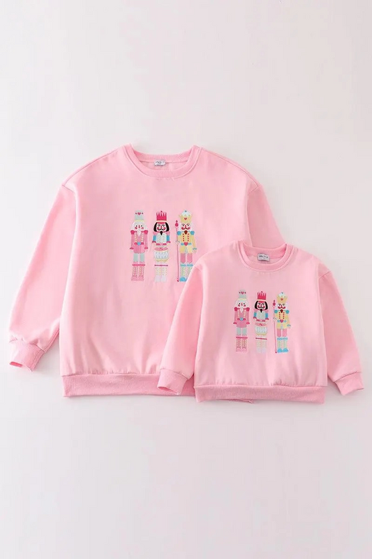 Abby & Evie Girl's Boutique Cotton Pink Christmas Nutcracker Fleece Embroidered Embroidery Sweater Sibling And Parent Matching Mommy And Me