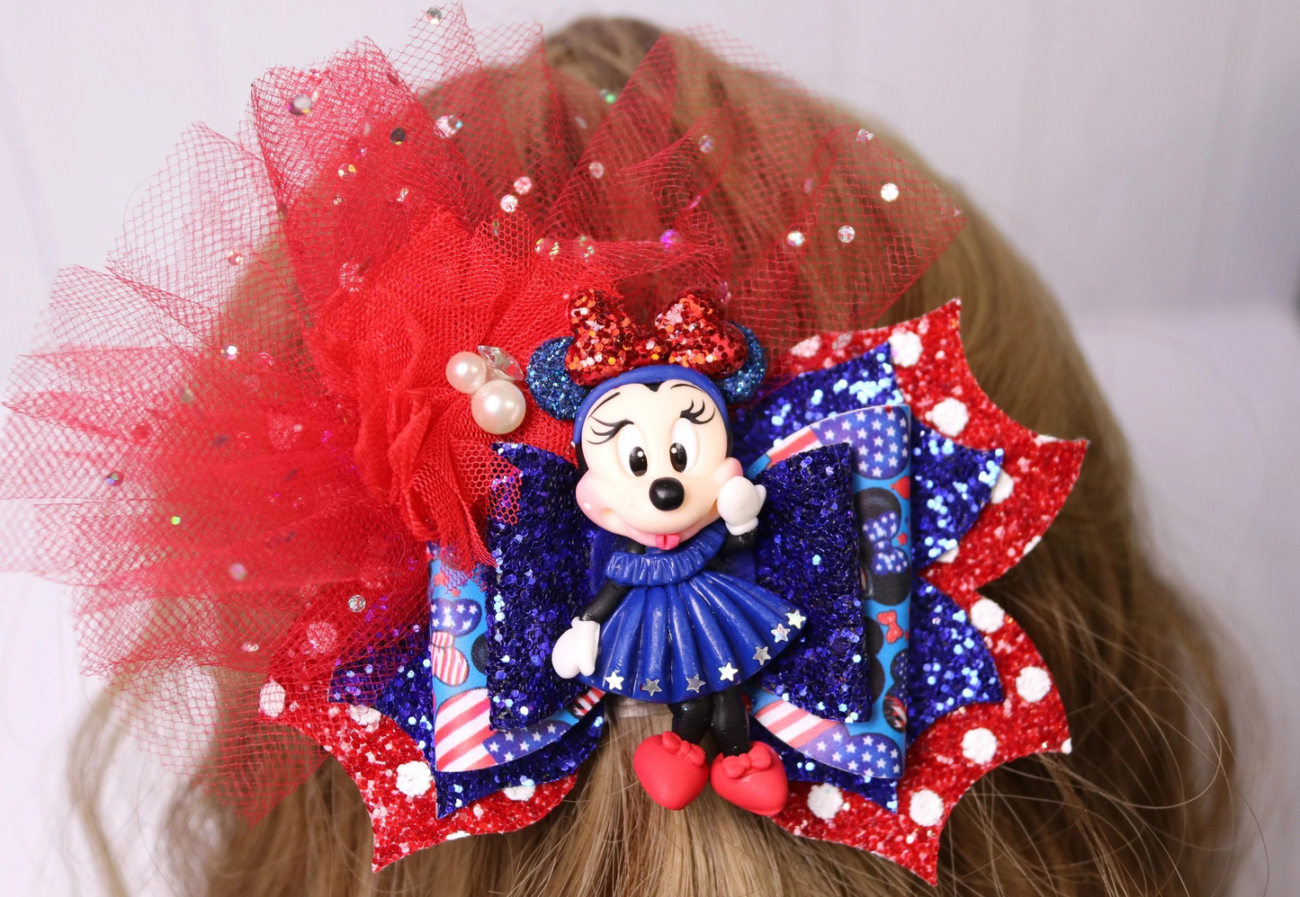 Red & Blue Clay Doll Glitter 4th Of July Girl Mouse Hair Bow Stacked Handmade Boutique