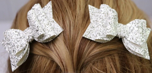 Set Of TWO White Glitter Pigtail Hair Bows Piggies Boutique Handmade