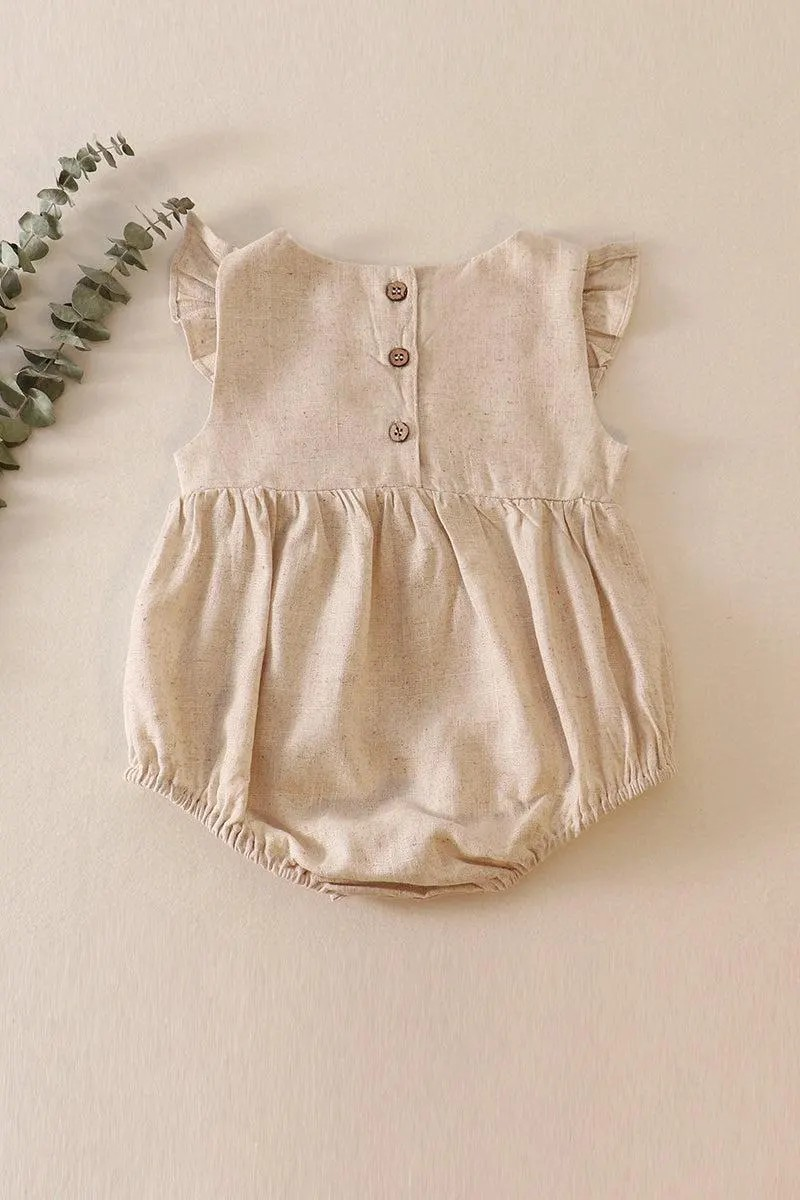 Petal & Pine Girl's Boutique Beige Floral Embroidered Linen Ruffle Bubble Button Romper Matching Sibling