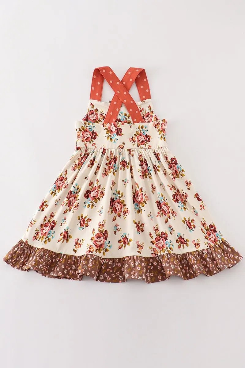 Cotton Castle Girl's Boutique Platinum Rust Floral Print Ruffle Apron Dress Autumn Thanksgiving Fall