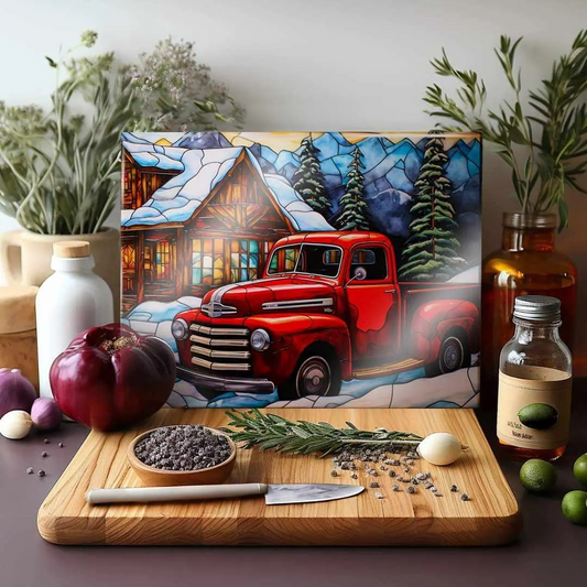 Rustic Snowy Cabin Red Truck Glass Cutting Board