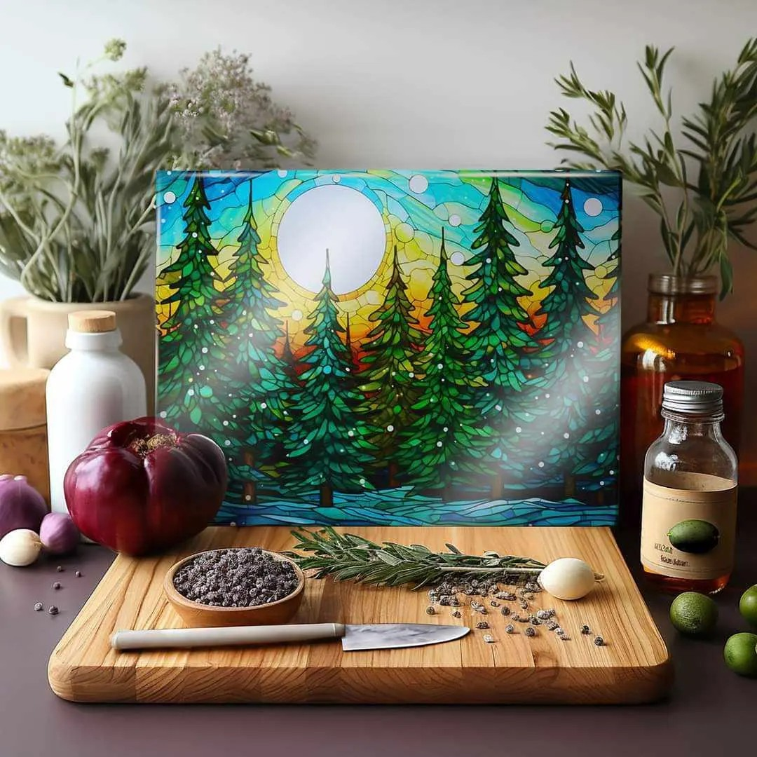 Snowy Forest Green Trees Glass Cutting Board