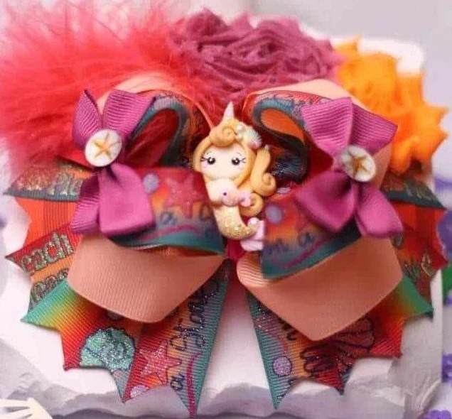 Multicolor Red And Orange Mermaid Clay Doll Hair Bow Handmade Boutique Stacked