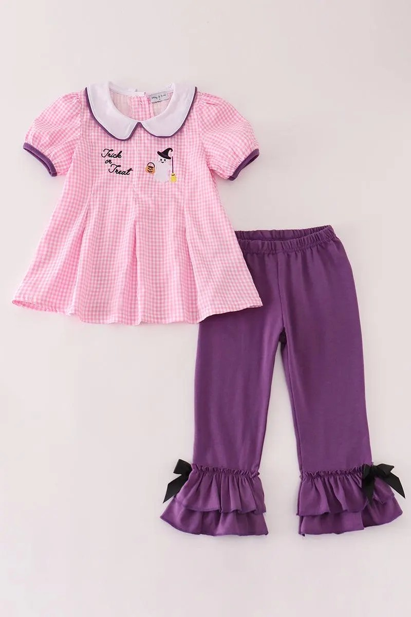 Abby & Evie Girl's Boutique Cotton Pink And Purple Plaid Halloween Embroidered Girl Set