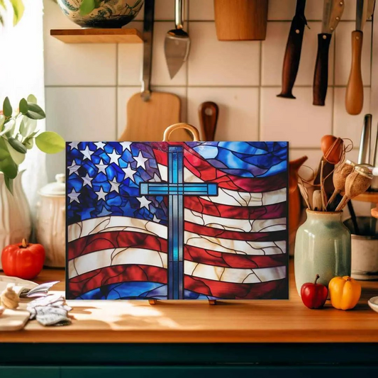 Stained Glass Look American Flag Cross Christian Glass Cutting Board