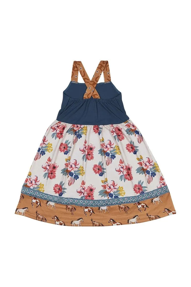 Sassy Soul Girl's Boutique Navy Floral Horse Print Ruffle Strap Dress Autumn Thanksgiving Fall