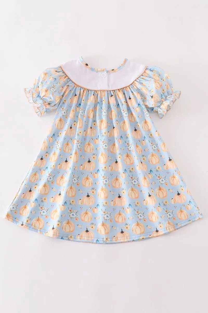 Abby & Evie Girl's Boutique Cotton Pumpkin Blue Embroidered Ruffle Dress Matching Sibling