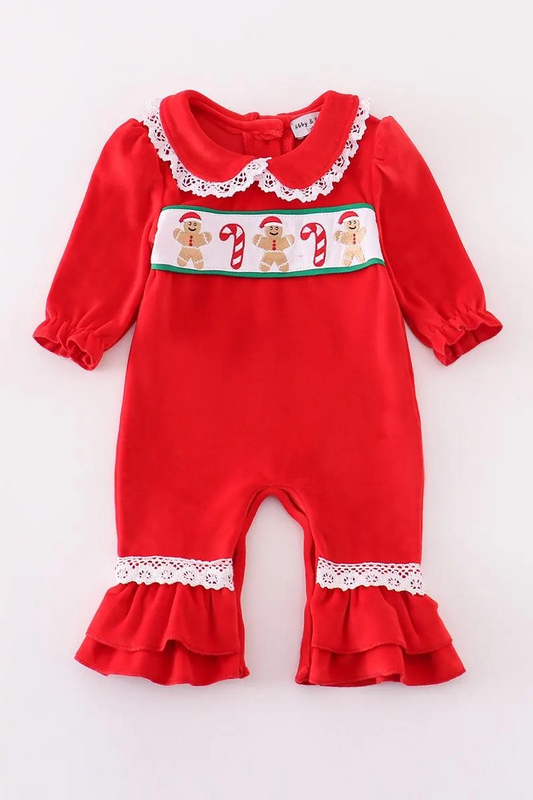 Abby & Evie Girl's Boutique Red Velvet Christmas Gingerbread Embroidered Embroidery Ruffle Romper Sibling Matching