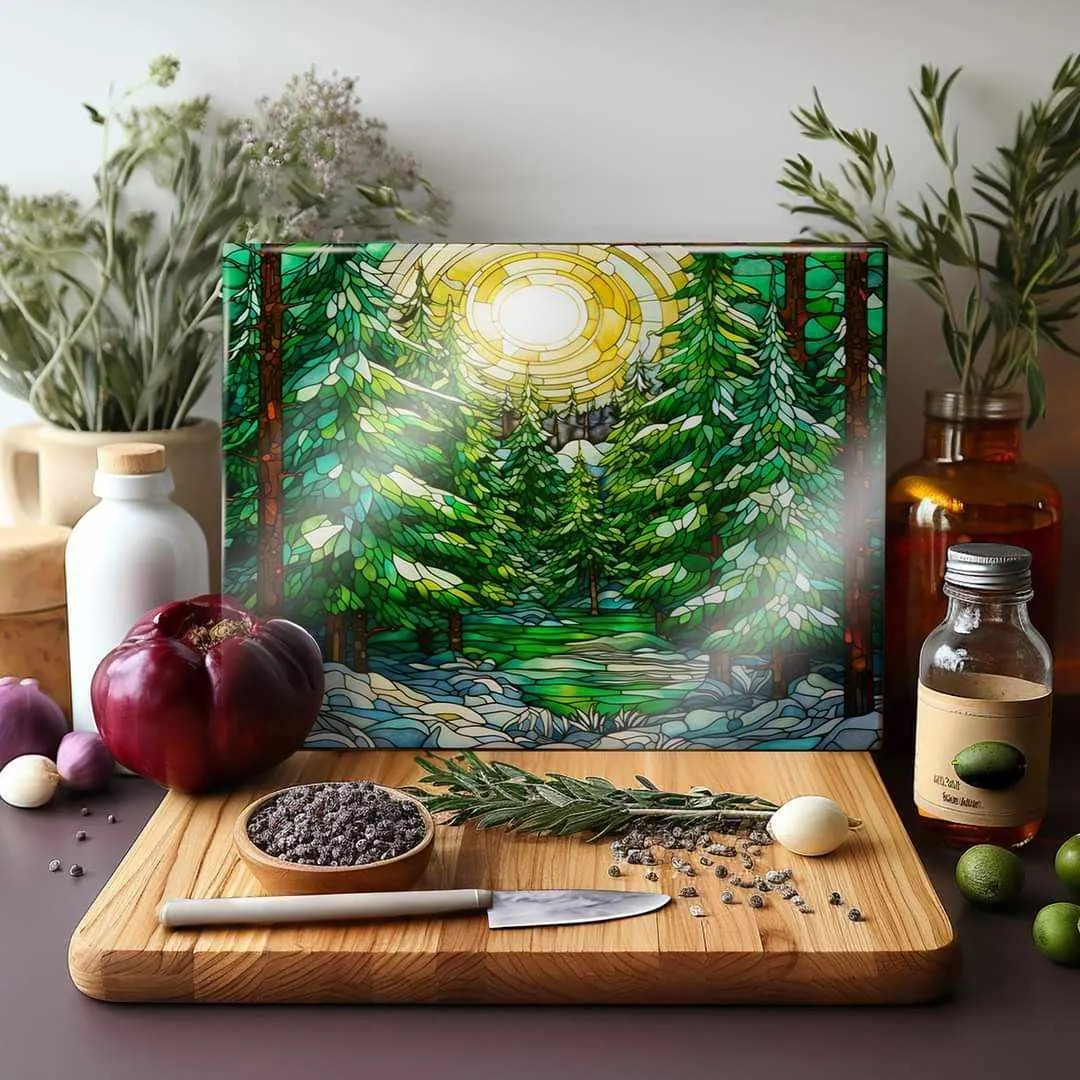 Stained Glass Look Green Trees Forest Glass Cutting Board