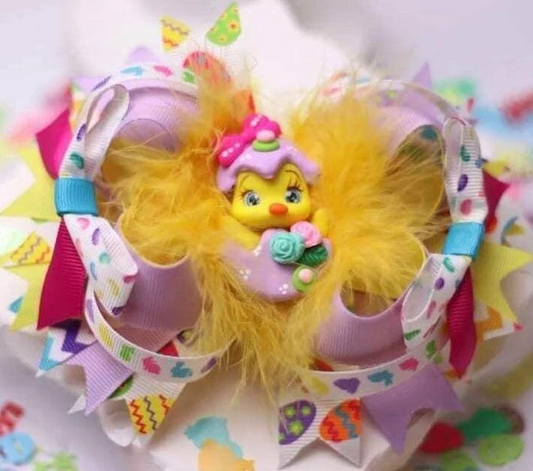 Yellow And Pink Easter Egg Chick Hair Bow Stacked Handmade Boutique