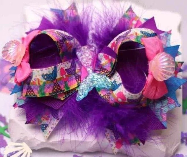 Purple And Blue Mermaid Tail Hair Bow Stacked Handmade Boutique