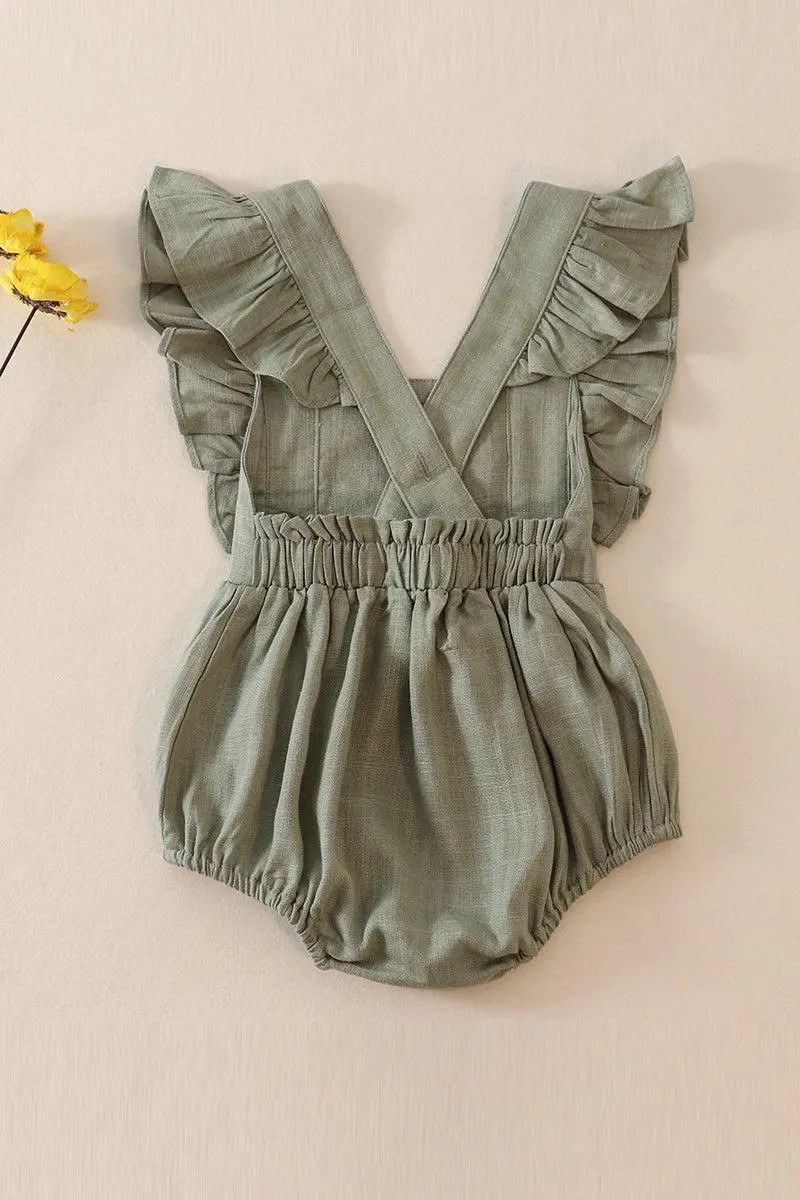 Petal & Pine Girl's Boutique Sage Green Floral Embroidered Linen Ruffle Strap Bubble Button Romper Matching Sibling