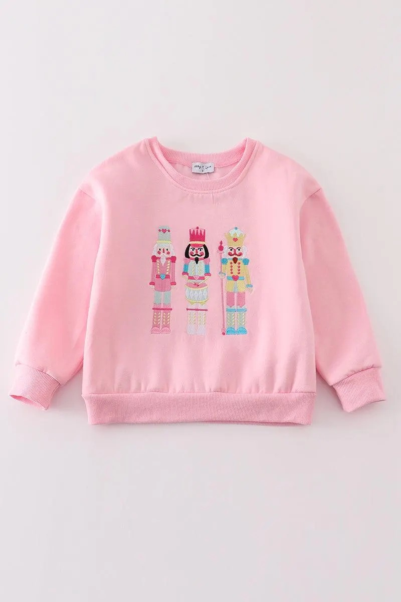 Abby & Evie Girl's Boutique Cotton Pink Christmas Nutcracker Fleece Embroidered Embroidery Sweater Sibling And Parent Matching Mommy And Me