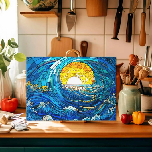 Stained Glass Look Blue Ocean Waves Glass Cutting Board