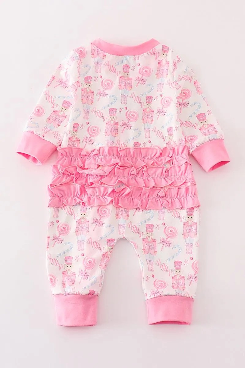 Abby & Evie Girl's Boutique Cotton Pink Christmas Nutcracker Ruffle Butt Zip Romper One Piece Sibling Matching