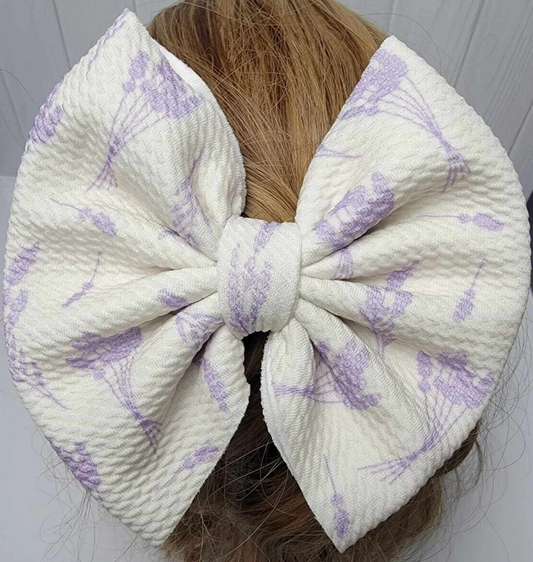 White Lavender Fabric Hair Bow