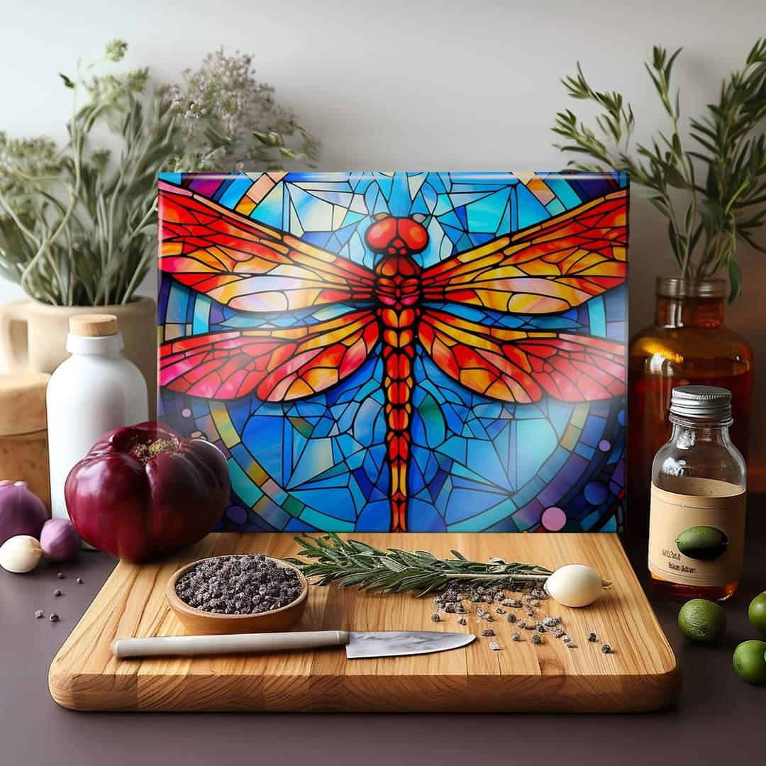 Stained Glass Look Red Dragonfly Glass Cutting Board