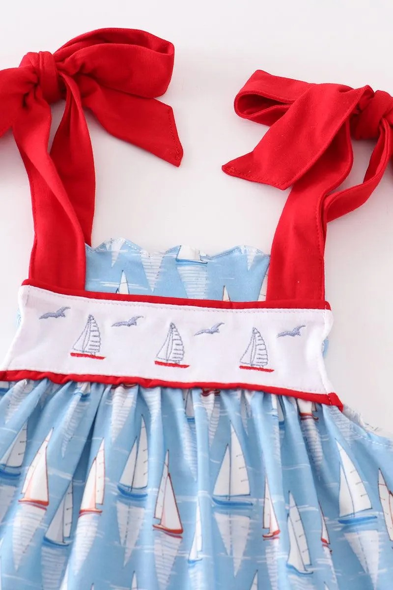 Abby & Evie Girl's Boutique Cotton Blue Sailboat Embroidered Summer Dress Matching Sibling