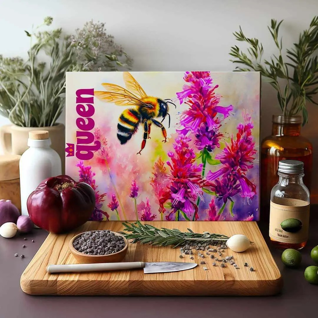 Queen Bee Purple Flowers Glass Cutting Board