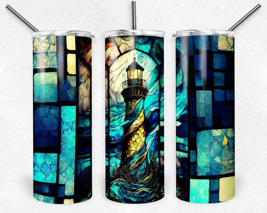 Blue Stained Glass Lighthouse Stainless Steel Tumbler