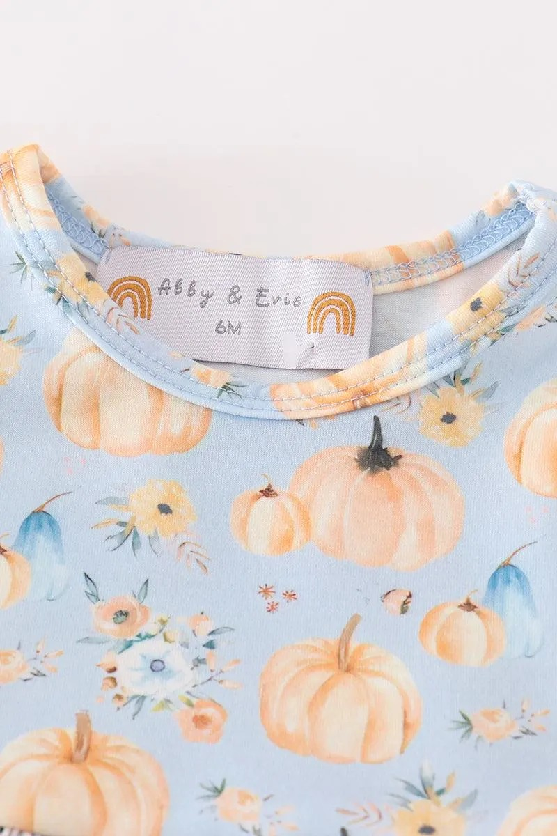 Abby & Evie Girl's Boutique Cotton Pumpkin Blue Embroidered Ruffle Romper Outfit Matching Sibling