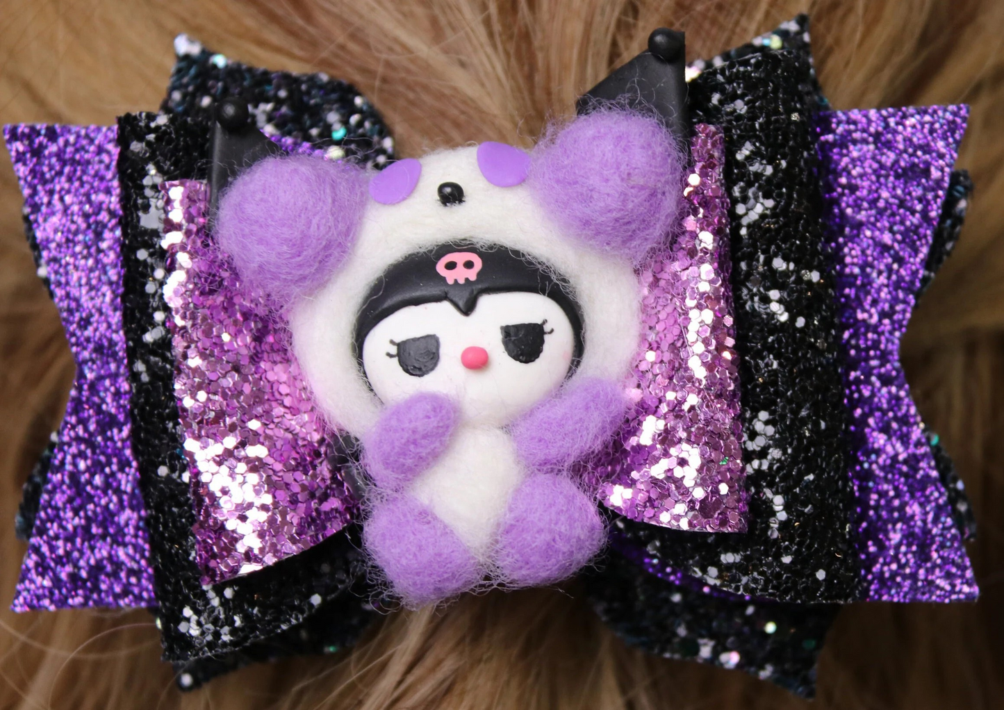 Purple And Black Glitter Goth Bunny Clay Doll Character Hair Bow Stacked Handmade Boutique