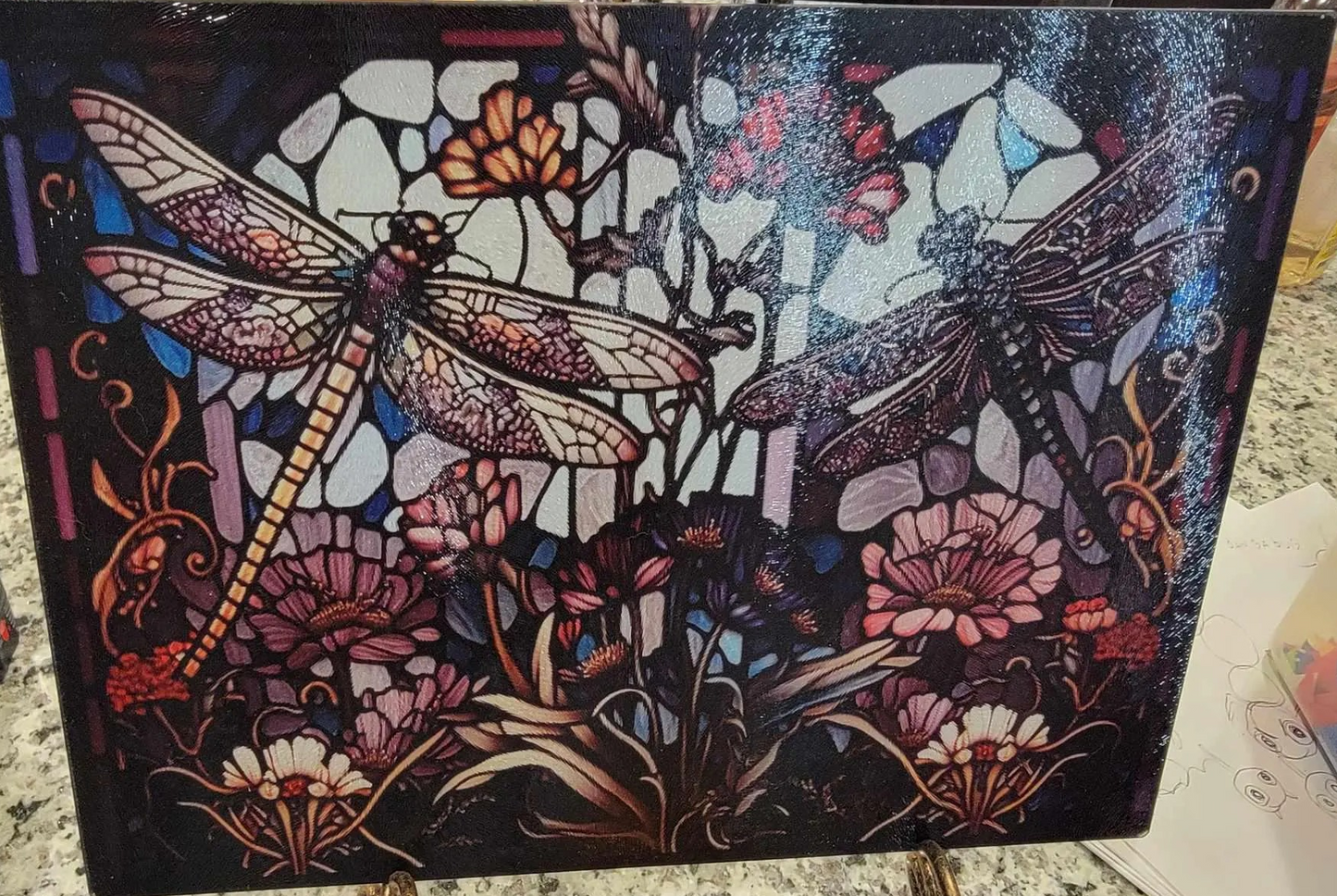 Blue Purple Stained Glass Look Dragonfly Glass Cutting Board