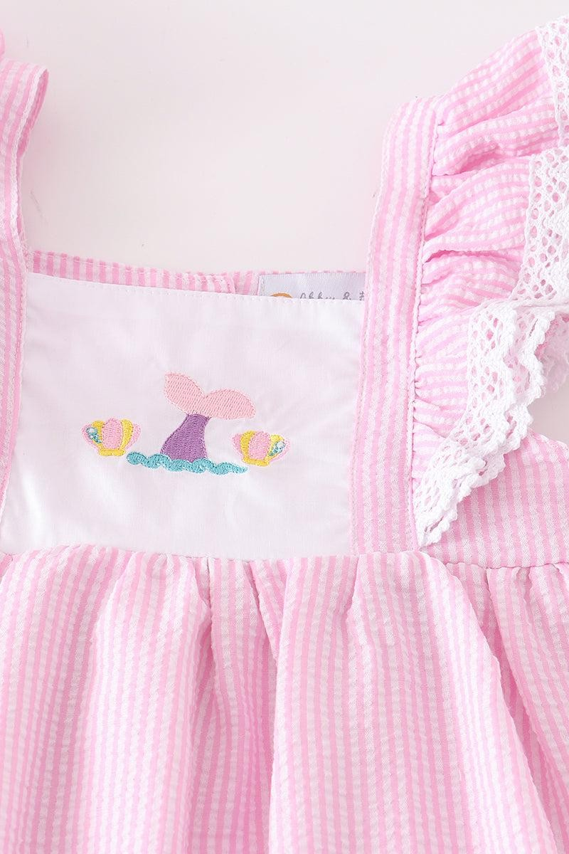 Abby & Evie Girl's Boutique Cotton Pink Seersucker Mermaid Embroidered Ruffle 2 Piece Set Sibling Matching