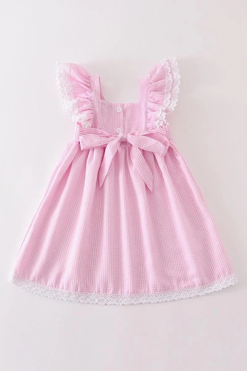 Abby & Evie Girl's Boutique Cotton Pink Seersucker Mermaid Embroidered Ruffle Dress