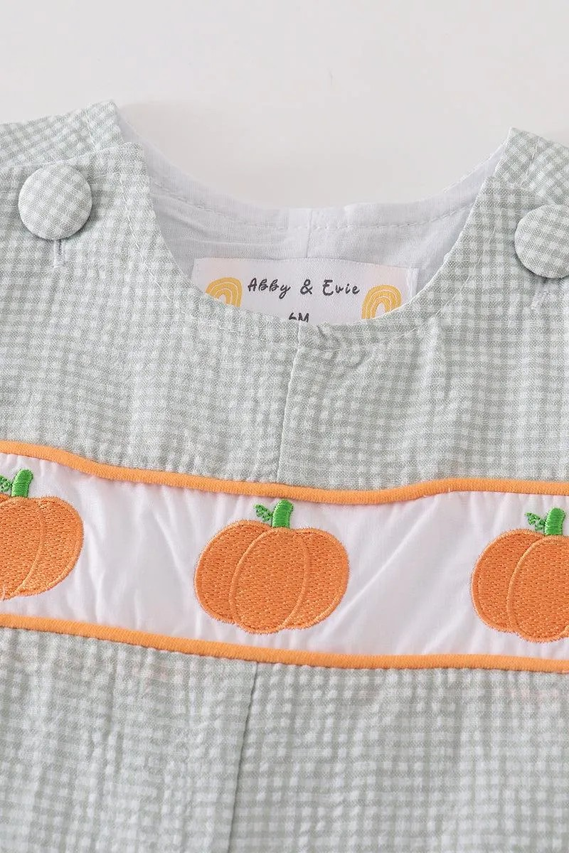 Abby & Evie Boy's Boutique Premium Green Pumpkin Embroidered Embroidery Thanksgiving Fall Jon Jon Romper Outfit Matching Sibling