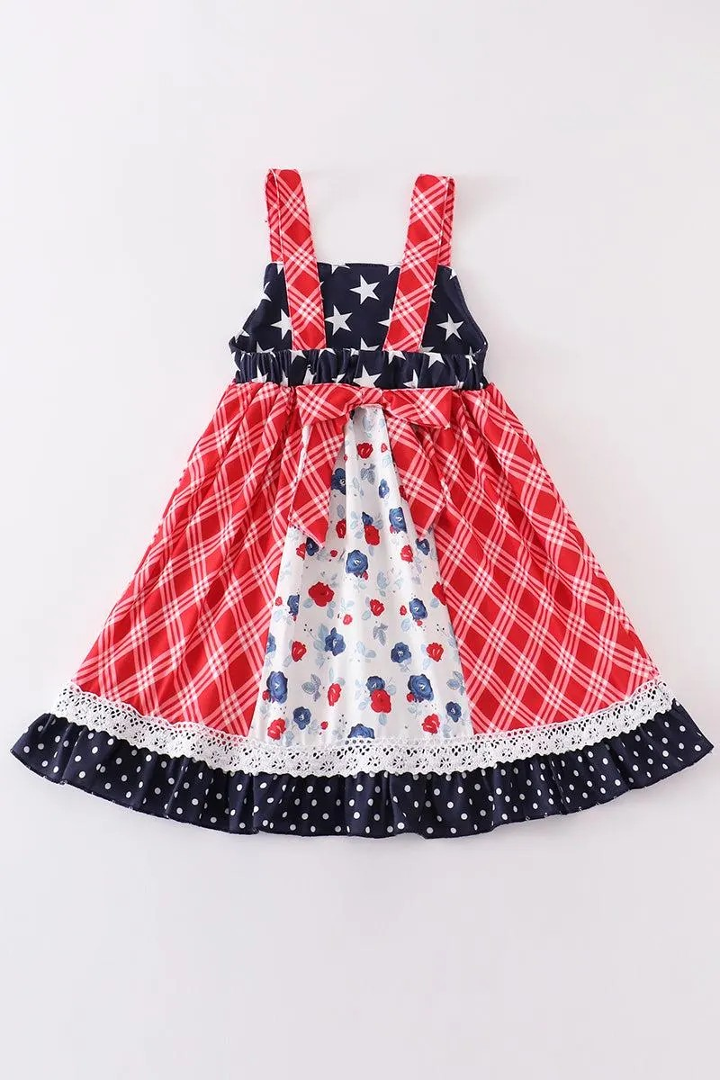 Abby & Evie Girl's Boutique Patriotic Floral Plaid Lace Smocked Dress 4th of July Sibling Matching