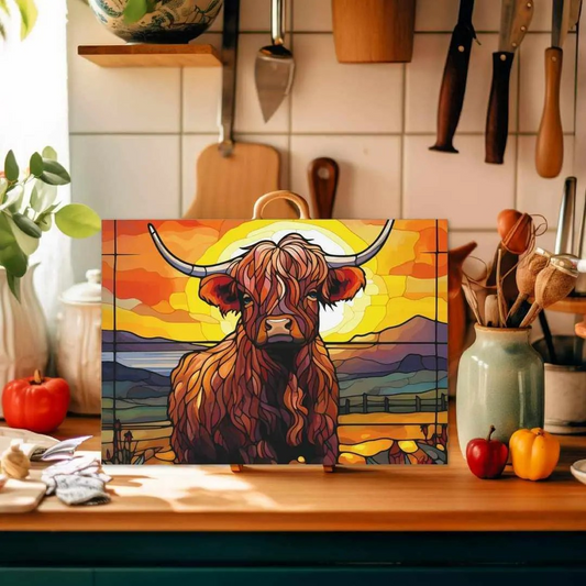 Multicolor Highland Cow Stained Glass Look Glass Cutting Board