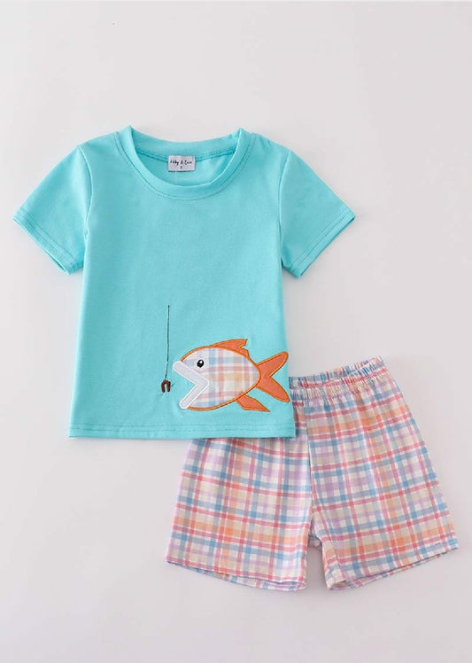 Boy's Boutique Blue Plaid Fish Embroidered Embroidery Boy Two Piece Short Set Outfit Sibling Matching Summer
