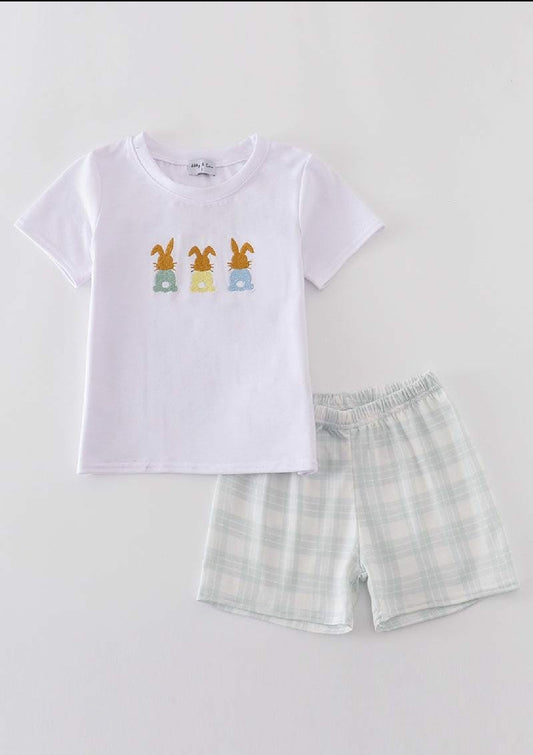 Boy's Boutique Easter White Bunny Bunnies Embroidered Embroidery Two Piece Short Set Outfit Matching Sibling