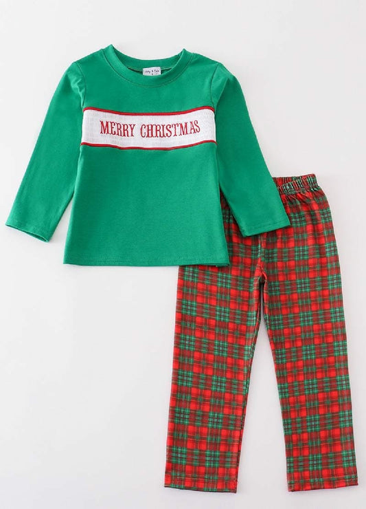 Boy's Boutique Christmas Green And Red Plaid Embroidery Embroidered Two Piece Pant Set Outfit Matching Sibling