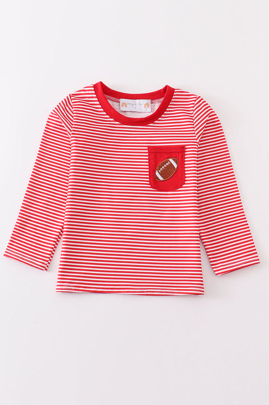 Boy's Boutique Maroon Stripe Football Embroidered Embroidery Long Sleeve Top