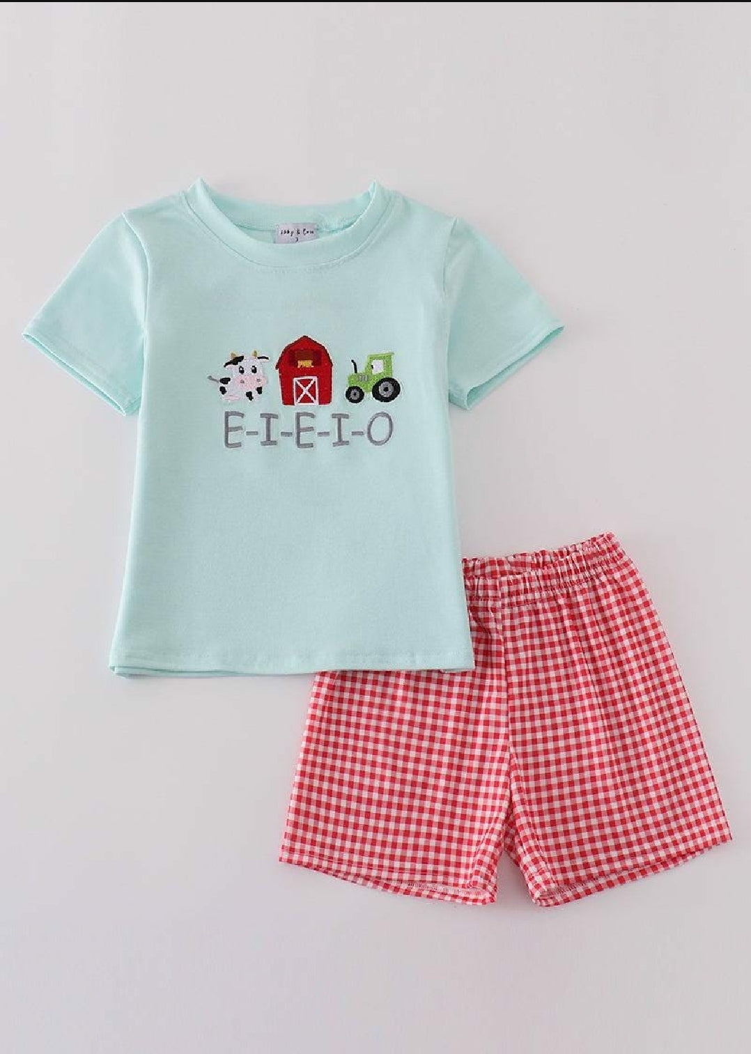 Boy's Boutique Red Farm E-I-E-I-O Applique Checkered Embroidered Embroidery Short Set Matching Sibling