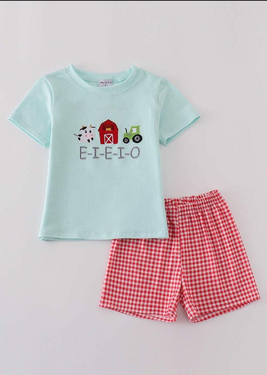 Boy's Boutique Red Farm E-I-E-I-O Applique Checkered Embroidered Embroidery Short Set Matching Sibling