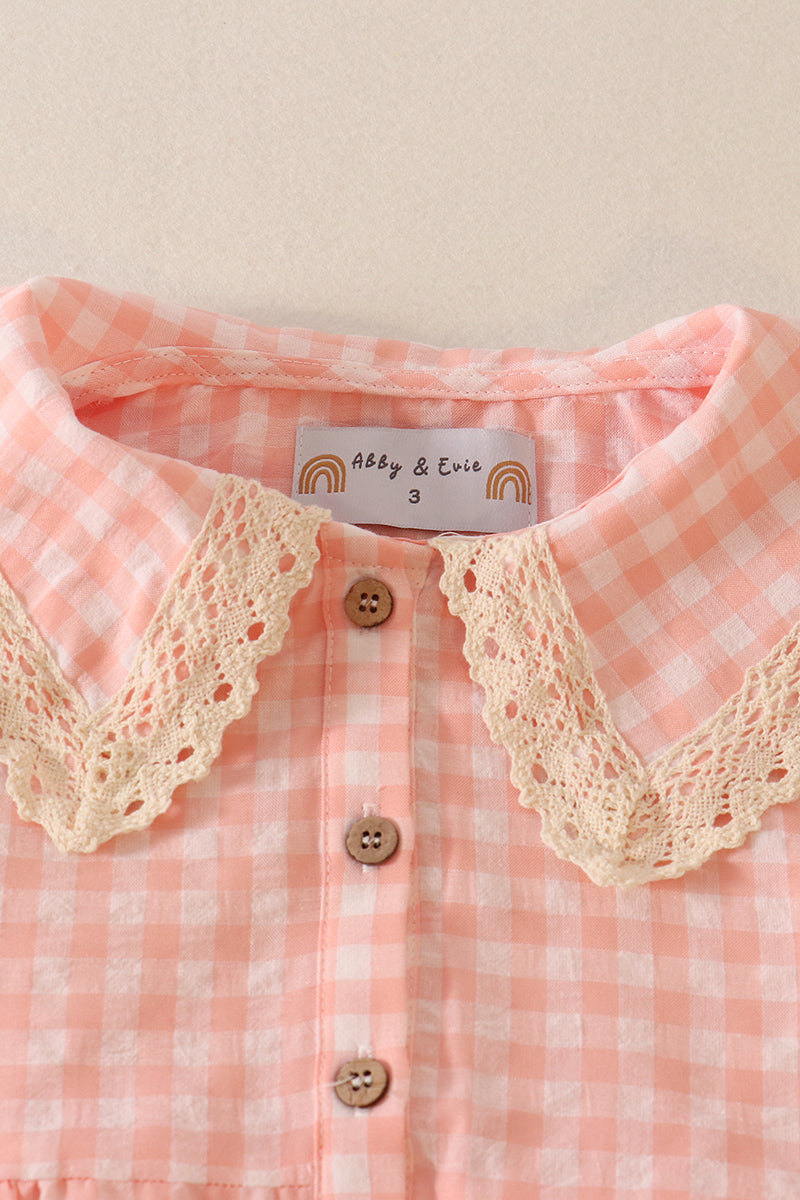 Girl's Boutique Blush Pink Plaid Linen Button Down Checkered Lace Picnic Dress Matching Sibling