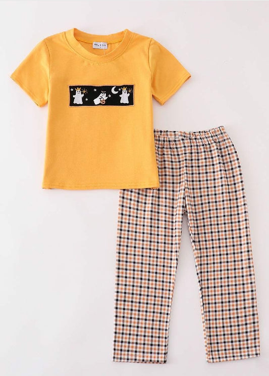 Boy's Boutique Cotton Plaid Halloween Ghost Embroidered Embroidery Two Piece Pant Set Sibling Matching