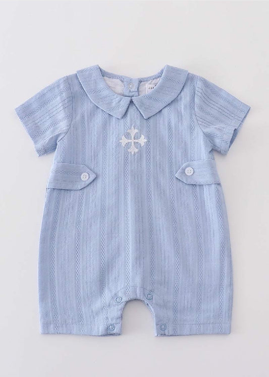 Boy's Boutique Premium Blue Easter Cross Embroidered Embroidery Romper Outfit Matching Sibling